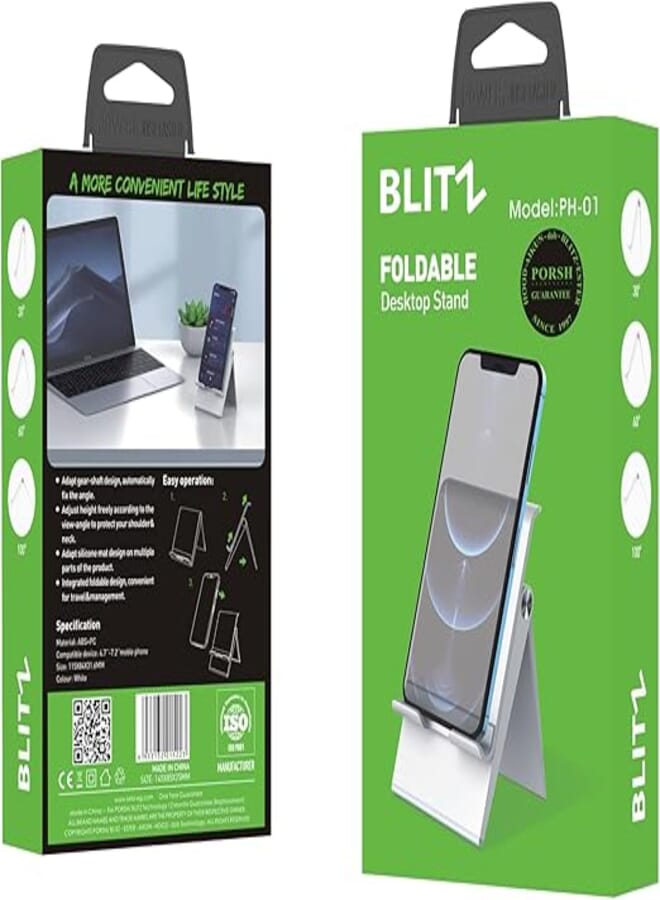BLITZ PH-01 Mobile and Tablet Stand, Foldable ABS and PC Design, Adjustable for 4.7 to 7.2 Inch Devices, Compact 11x8.4x3.1cm Size, Stable Holder for Phones and Tablets